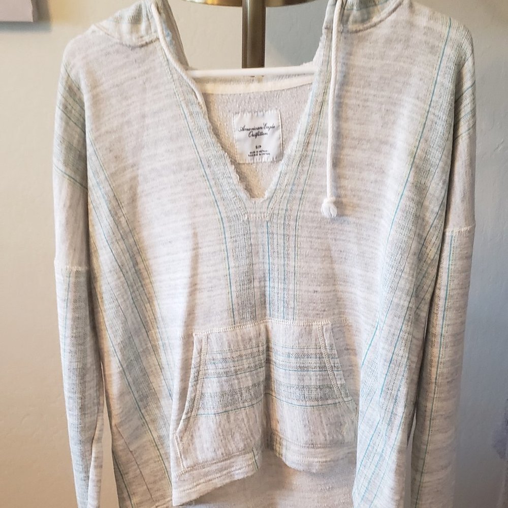 American Eagle Grey Terry Hoodie With Pocket and Turquoise Stitching
